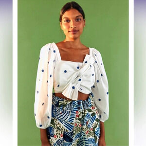 Farm Rio Flower Embroidery Tie Front Puff Blouse White Blue XL Coastal Cottage
